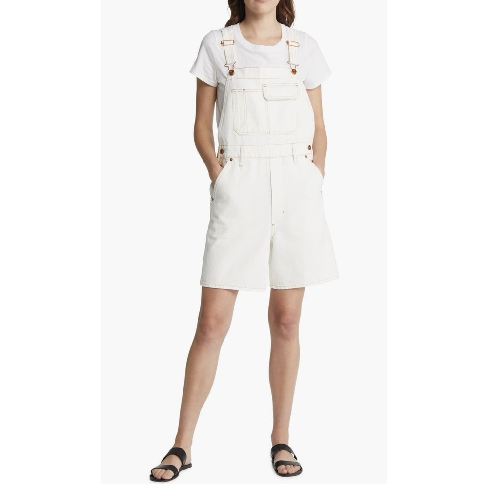 New SLVRLAKE Sz XS Short Overalls‎ Off White Denim Copper Trim Buckle Romper NWT